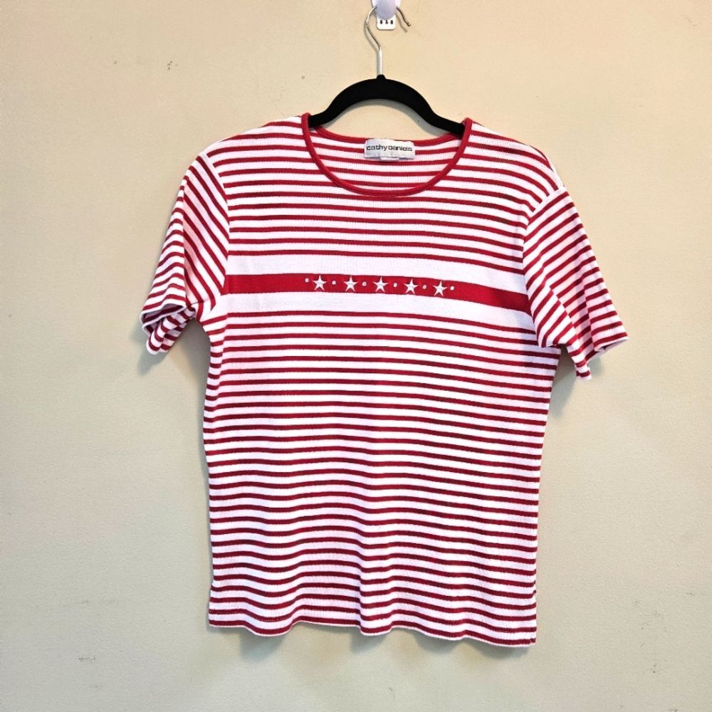 Cathy Daniels Shirt Women's Patriotic Red White Striped Rhinestone Embellished